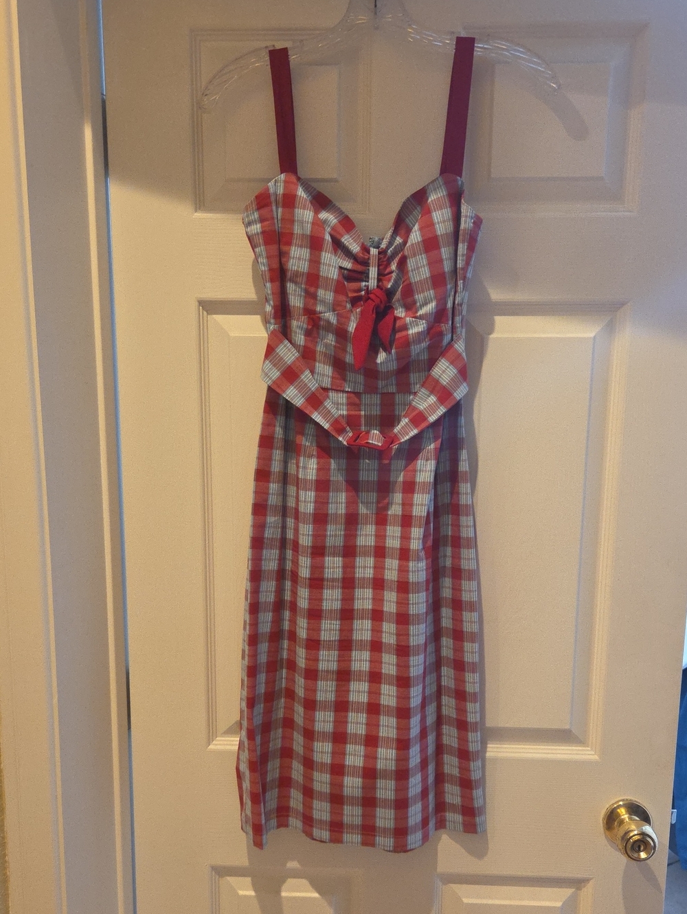 Stop Staring! Red and White Plaid Sleeveless Slim Waist Dress